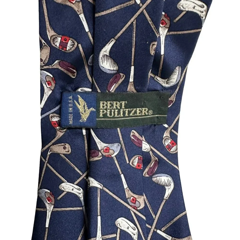 VTG Bert Pulitzer 100% Silk Mens Neck Tie Golf Clubs All Over Print 58